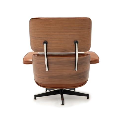 Image of Top Black Grain Leather, Mid Century Chaise Lounge Chair and Ottoman, Modern Chair Classic Design, Walnut Wood, Heavy Duty Base Support for Living Room Study Lounge Office (Walnut-brown, Upgraded)
