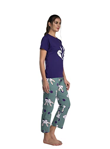 Image of Evolove Women's Cotton Round Neck Short SleevesNight Suit Set /Top Pyjama Set Super Soft Comfortable (Nightsuit-Round-HS-4)