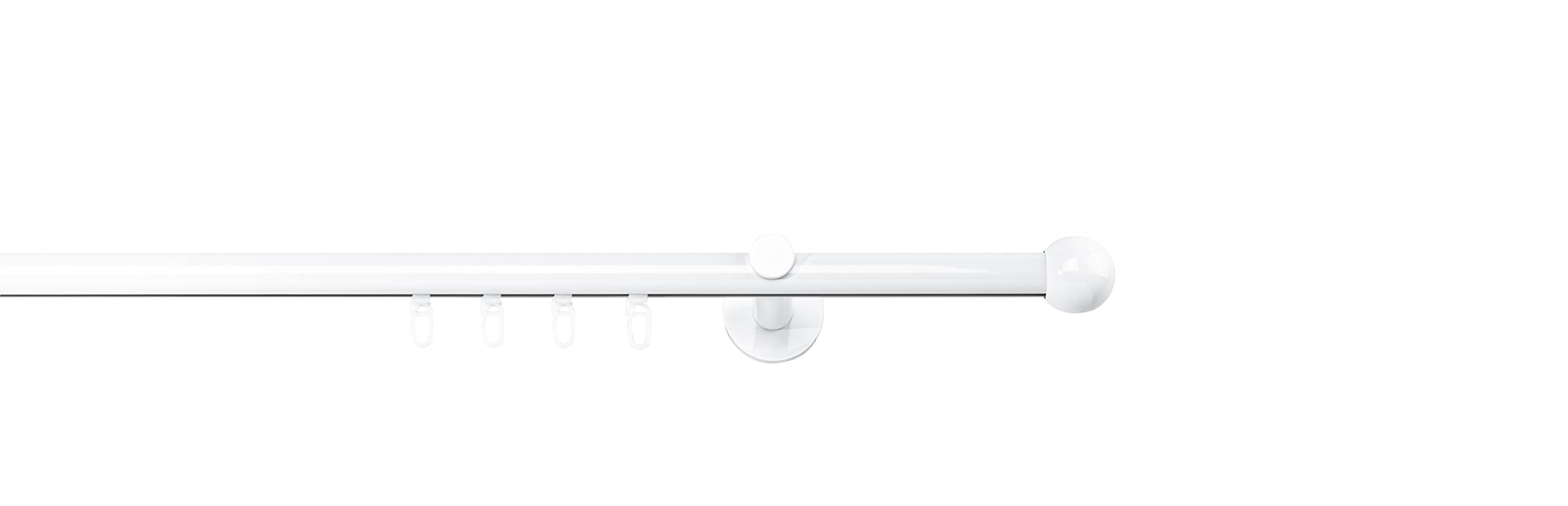 Gardinenstange auf Maß Innenlauf 20mm Ball 1-lauf Vorhangstange Wandträger 12cm Stilgarnitur Gleiter für Vorhänge Weiß 220cm