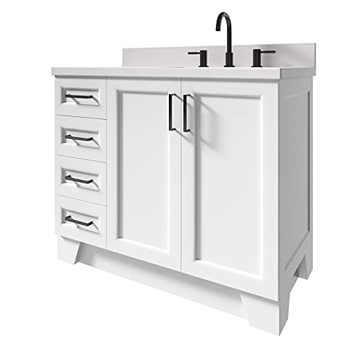 Ariel 43" White Bathroom Vanity With 1.5" Edge Pure White Quartz Countertop & Backsplash, Right Rectangualr Sink, 2 Soft Closing Doors, 5 Full Extension Dovetail Drawers, Toe Kick, Matte Black #TOP4