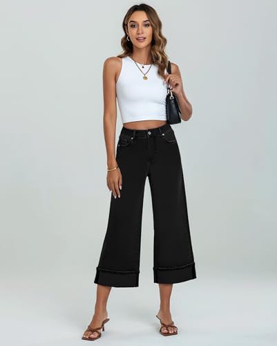LookbookStore Capris Jeans for Women Wide Leg High Waisted Casual Summer Roll Hem Cropped Stretch Denim Jean Capri Pants4