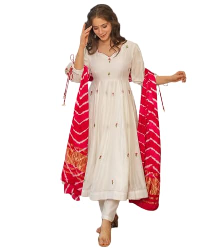 The Red Lion Enterprise Women's White Chanderi Flared Anarkali Kurti Set with Pant and Lagdi Patta Dupatta for Festive Wear (US, Alpha, XX-Large, Regular, Regular, Off White)