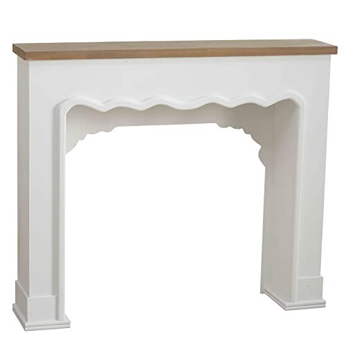 Comfy Cottage Faux Fire Mantle , Rustic Nut Brown Plank-Lintel, Scallop Edged Surround Details, White Painted, Natural And Mdf Wood, Over 3 Ft Long (43 1/4 L X 37 1/2 H Inches) Free Standing Unit #TOP11