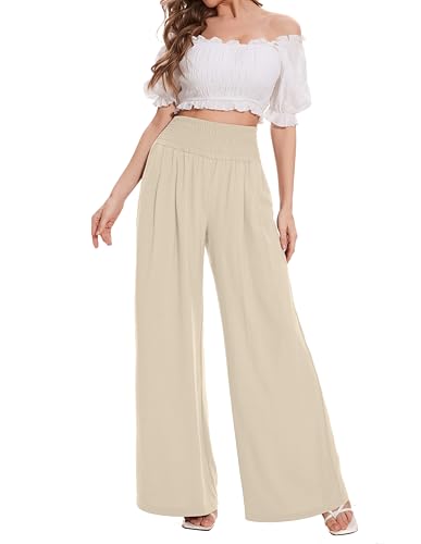 FUNYYZO Women Pull On Pants Elastic Waisted Casual Wide Leg Long Lounge Trousers with Pocket Beach Wear2