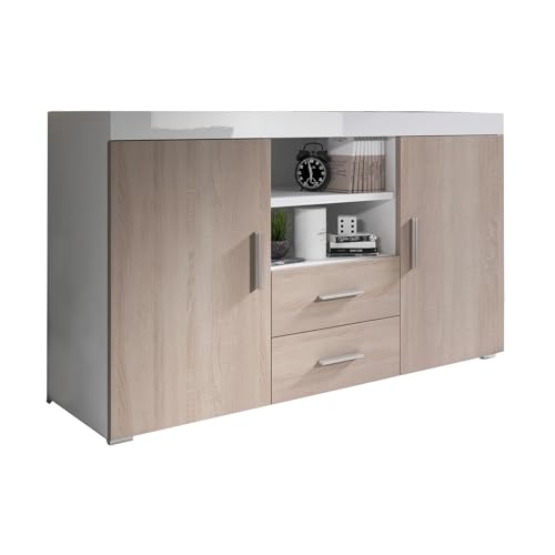 MB Muebles Bonitos, Aparador Roque para Salón Comedor Moderno, Mueble TV de Melamina, Blanco Brillo y Sonoma Mate, 140x80x40 cm