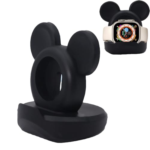 Leeneen Silikon-Ladestation für Apple Watch, kompatibel mit Apple Watch Serie Ultra2/Ultra/10/9/8/SE2/7/6/SE/5/4/3/2/1Cute iWatch Ladestation, unterstützt Nachttisch (schwarz)