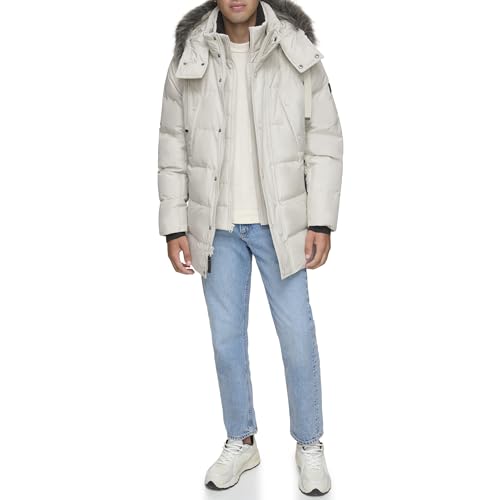 Andrew Marc Men's Gattica Down Parka Jacket with Removable Faux Fur Trimmed Hood and Bib