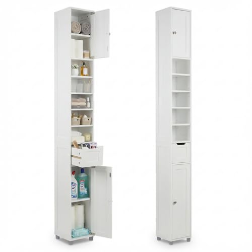 VOUNOT® Armario para Baño Alto Mueble Columna de Baño, Estanterías con 2 Puertas y 1 Cajón, Estantes Ajustables Espacio Abierto, Mueble Auxiliar de Almacenaje para Salón Dormitorio, 20x20x180cm,Blanco