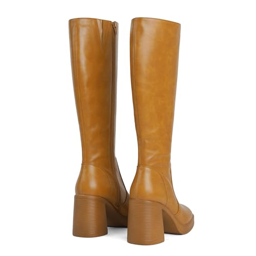Image of SOVANYOU Black Leather Boots Platform Boots for Women Fashion Square Toe Chunky Block Heeled Boots Side Zip