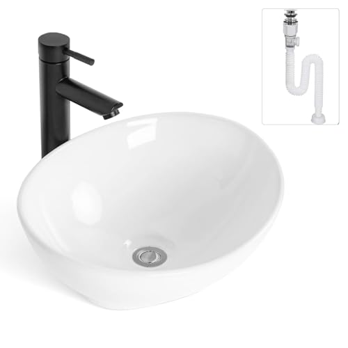 Ouutmee Lavabo De Cerámica Ovalado Sobre Encimera 41,4 X 34 X 14,5 Cm, Blanco, Lavabo De Cortesía Grifo, Lavabo Pequeño Sobre Encimera, Lavamanos