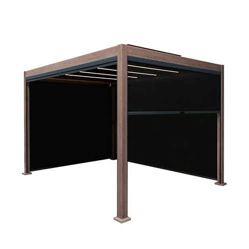 Image of Metal Pergola 3m x 3m Wood Effect With 4 Retractable Mesh Blinds & LED Lights Tilting Canopy Roof Aluminium Outdoor Garden Gazebo Sun Shelter Drainage Weather Resistant Tools & Ground Bolts Included