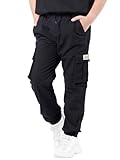 NATUST Boys Cargo Joggers Drawstring Jogging Pants Boys' Elastic Waist Trousers Kids Cotton Twill Pants Black 11-12 Years/Size 160