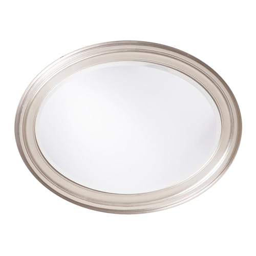 Image of Howard Elliott Collection George Oval Bright Silver Wall Mirror, Oval Bevelled Hanging Wood Framed Vanity Mirrors for Home Decor, Living Room, Bathroom, Bedroom, or Hallway, 25 x 33 Inch