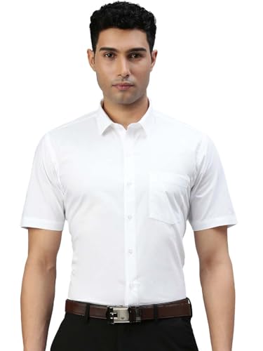 Image of RAMRAJ COTTON Men White Solid Half Sleeve Cotton Shirt