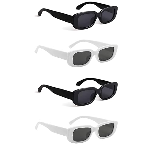 Image of Retro Rectangle Sunglasses for Women & Men | UV400 Protection | Trendy Thick Frame Fashion Eyewear | Lightweight Casual Shades | Black & White Combo Pack