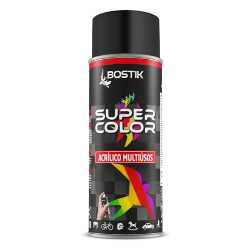 Bostik SUPER COLOR NEGRO SATINADO RAL 9005, Pintura en Spray Acrílica para Uso Profesional y Doméstico, Multiusos, Secado Rápido, Acabado Brillante, Interior y Exterior, Bote 400 ml