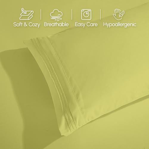 Image of Elegant Comfort Luxurious 1500 Premium Hotel Quality Microfiber Three Line Embroidered Softest 4-Piece Bed Sheet Set, Wrinkle and Fade Resistant, Queen, Pistachio Green