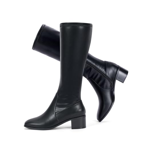 Elisabet Tang Knee High Boots for Women 2 inch Chunky Low Heel Boots Square Toe Side Zipper Fall Winter Comfort Boots
