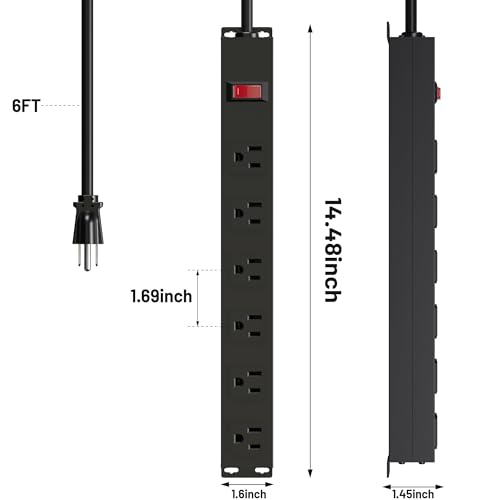 Image of Power Strip with 6AC Outlets 6 Ft UL 14AWG Cord Straight Plug,Metal Wall Mount Heavy Duty Power Strip with Switch for Commercial,Industrial,School and Home,15A /125V /1875W,Black(6FT)