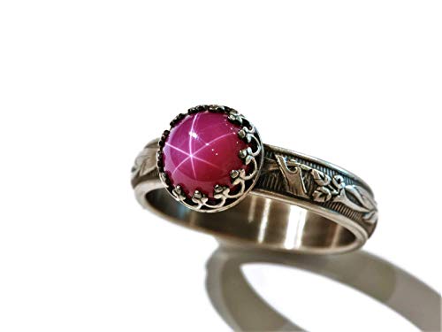 Round Created Pink Star Ruby Ring Blooming Flower Crown Vintage Silver (8mm Stone)