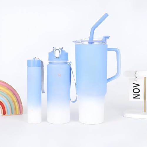 Image of Large Handle Water Bottle with Straw for Desk, Office, Travel - 1200 /900 /300 ML Gradient & Matte Hydration Bottle Set (Multi Sky Blue)