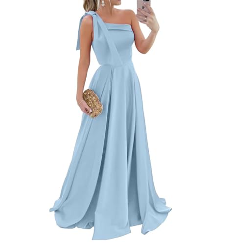 Robe de soirée longue en satin teint avec poches pour femme, bleu ciel, 52