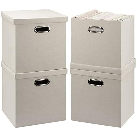 LOVSTORAGE Storage Boxes with Lids, Set of 4, Twice Thick, Fabric Boxes, Storage Cube Boxes, Folding Box for Organising Shelves, Cupboards, Kallax (Beige, 30 x 30 x 30 cm) Cover