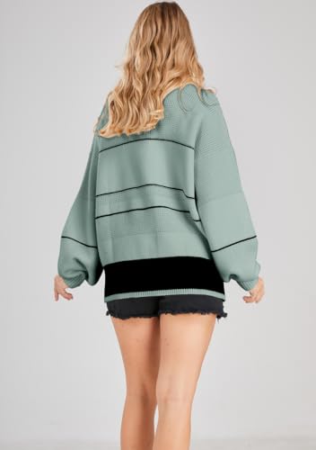 Image of chouyatou Women's Slouchy Waffle Knit Sweater 1 /2 Button Polo Collared Pullover Striped Sweater Tops