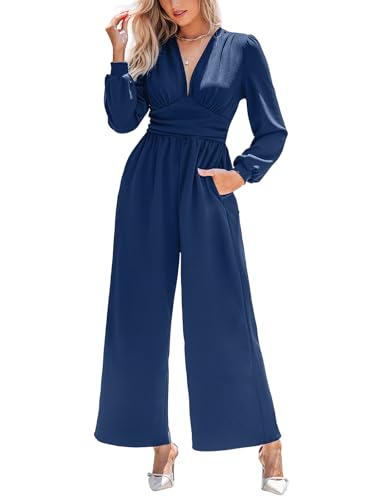 CUPSHE Damen Jumpsuit Tiefer V-Ausschnitt Overall Lange Puffärmel Weites Bein Playsuit Elegant Lässig Büro Hosenanzug Sc...