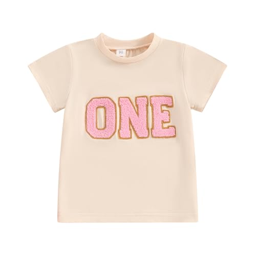 Toddler Baby Girl Birthday Outfit One Romper One/Two/Three/Four/Five/Six Embroidery T-Shirt Tee Birthday Gift (Khaki One, 1-2 Years)