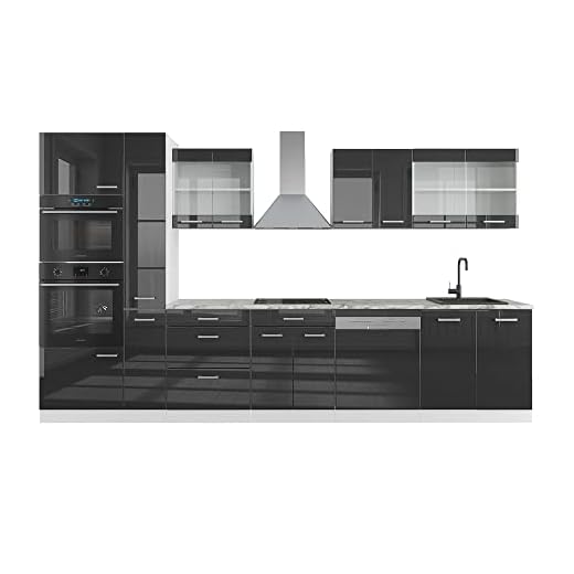 Smartphone Vicco cucina componibile R-line, Antracite lucido/bianco, 350 cm con armadio alto, PL Marmo