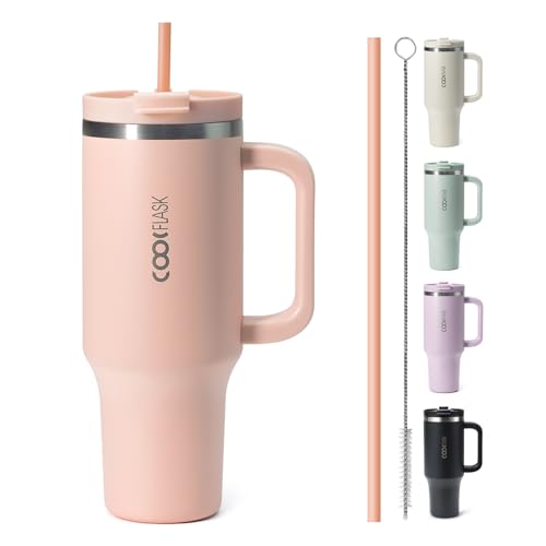 Image of Coolflask 40 oz Pink Insulated Tumbler With Handle, Lid and Straw - Stainless Steel Vacuum Travel Mug for Cup Holder, Keeps Cold for 24 Hrs /Hot for 12 Hrs