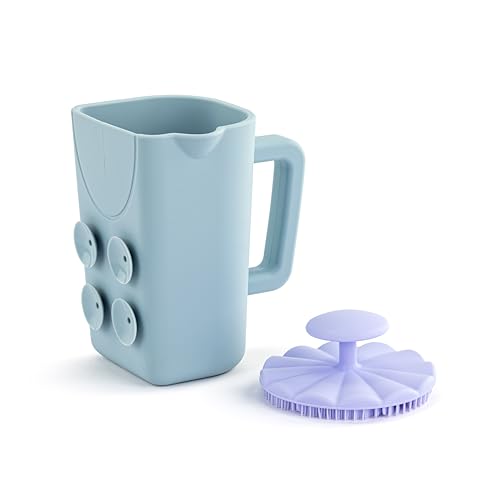 Image of DEMDACO Love to Play Collection Baby Bath Rinse Cup and Silicone Scalp Scrubber Set - Gentle Hair Washing Aid for Infants & Toddlers Soft Silicone Kids' Brush & Ergonomic Rinse Pitcher, Blue