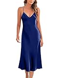 Marvmys Satin Nightdress for Women UK Long Negligees Strap Chemise Nighties for Ladies V Neck Full Slips Sleepwear Navy Blue L