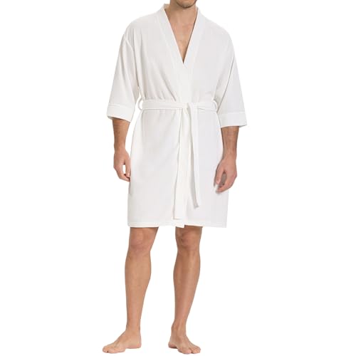 Image of SIORO Mens Waffle Knit Lightweight Robe, Short Bathrobe with Pockets & 3 /4 Sleeves, Kimono Loungewear for Summer & Spa
