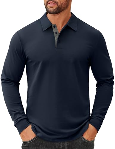 COOFANDY Men's Polo Shirts Long Sleeve Casual Cotton Golf T-Shirts Contrast Collar Polos Stylish Tops Navy Blue