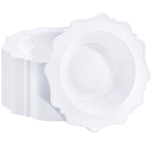 COLOSUS 60 Pack White Plastic Bowls 12 oz Disposable Soup Bowls Premium Plastic Dinner Bowls Heavy-duty Dessert Salad Bowl for Party Wedding Dinner and Catering