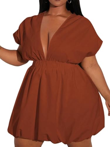 Image of WDIRARA Women's Plus Size Deep V Neck Bubble Dress Short Sleeve A Line Mini Dresses