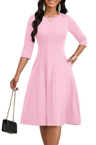 Image of CLOCOR Casual Midi Dresses for Women A-Line Fit and Flare Elegant Church 3 /4 Sleeve Crew Neck Dress with Pocket