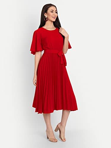 Image of KUDUZO Women's Crepe Long Pleated Below Knee Length Flutter Sleeve Round Neck S to XL Maxi Dress for Girls. (EG-U0IM-B9A1)