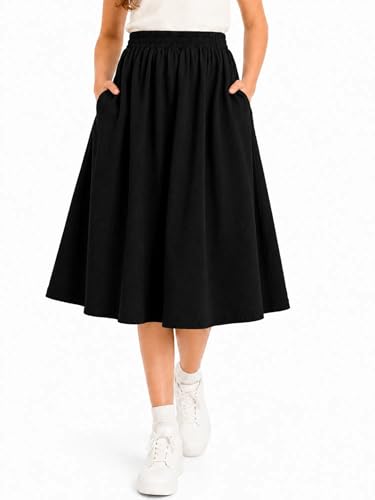 Ecolala Girls Elastic High Waist A Line Midi Skirts Casual School Uniform Skirt with Pockets Black 13-14 Years