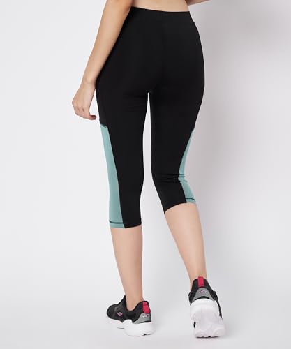 Image of Mehrang High-Waisted Capri Leggings with Side Pocket - Black & Contrast Color Block Activewear for Gym, Yoga, and Everyday Comfort for Women