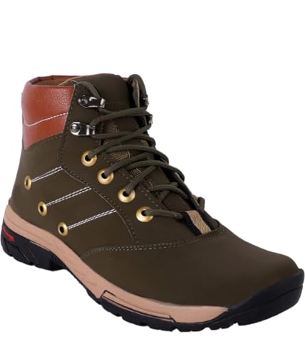 Image of Hiking Boots, Black and Tan, Lace-Up High Ankle, Metal Eyelets, Rugged Outdoor Footwear