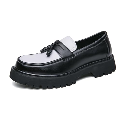 Mens Leather Slip-On Platform Dress Tassels Loafers Non-Slip Low Top Round Toe Chunky Penny Shoes for Business Casual Dress Prom Party