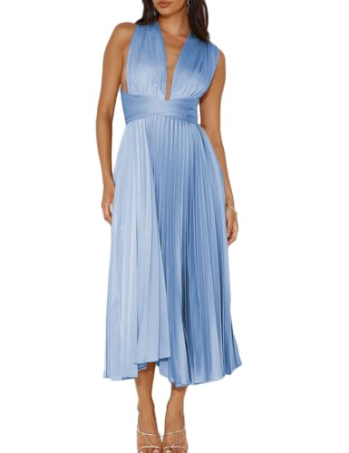 Summer Satin Sleeveless Pleated Midi Dresses for Women Sexy V Neck Backless Tie Asymmetric Flowy Cocktail Dress