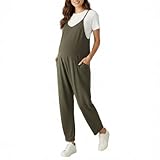 Motherhood Maternity Women's Casual Baggy Sleeveless V-Neck Pregnancy Romper Jumpsuit with Loose Spaghetti Straps and Pockets, Green Depths, Large