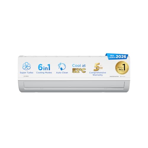 Midea 1 Ton 3S,New Star rated, Inverter Split AC(Copper,Convertible 6-in-1 with Auto Intelligence,Turbo Mode for Faster Cooling, Auto Clean & HD & PM 2.5 Filter,Santis Max DLX-MAI12SD3R36F0,White)