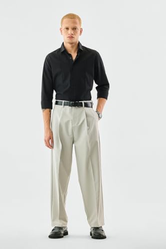 Image of SNITCH Men Casual Wear Chinos | Baggy Fit Wide-Leg Solid Trousers | Stretchable Cotton Blend Pants for Summer Outings