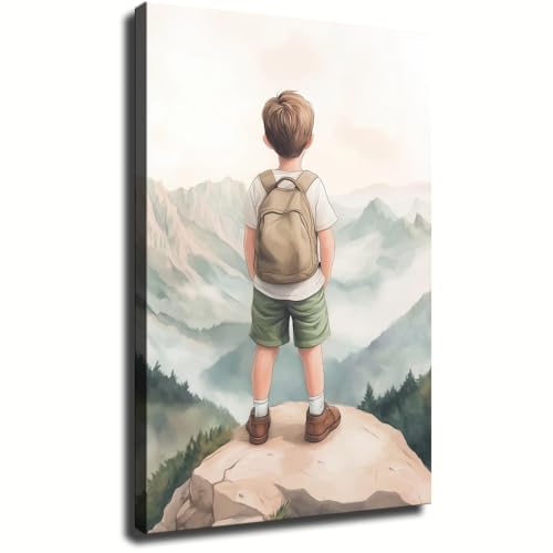 Inspirational Boy Mountain Wall Art Canvas Print, Adventure Landscape Poster