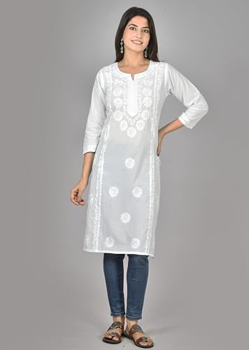 Vrnda Women's White Cotton Kurti – Hand-Embroidered Lucknowi Chikankari, Straight Fit, Knee-Length Pakistani Style Kurta3